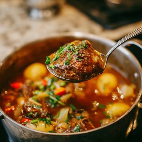 Une cuillère en métal est utilisée pour retirer une portion de viande de la soupe.