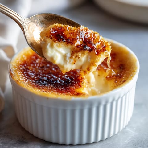 Une cuillère en argent est dans un bol de crème brûlée.