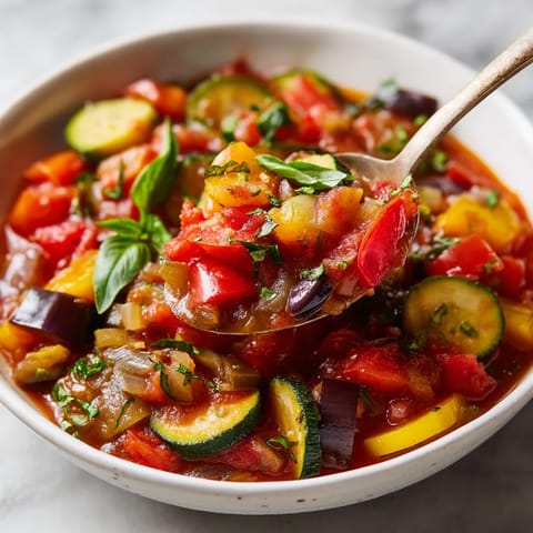 Une soupe de ratatouille est servie dans un bol.