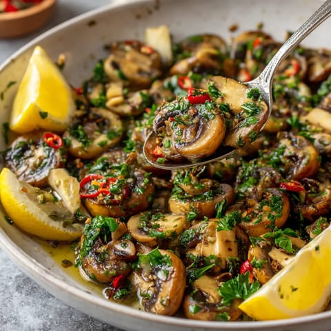 Une assiette de setas al Ajillo (Garlic Mushrooms) avec une cuillère en argent pour les prendre.