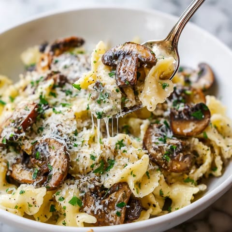 Une assiette de macaroni au fromage et aux champignons.