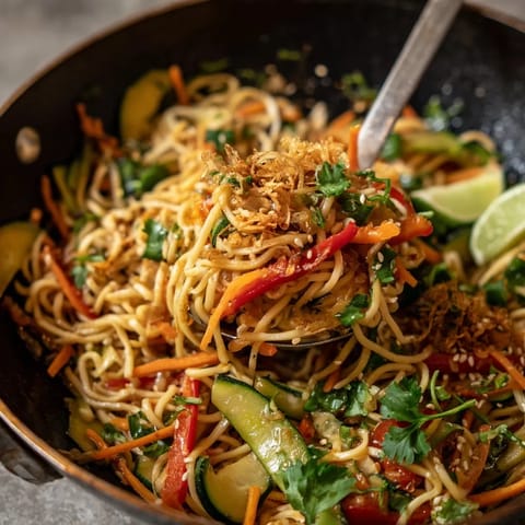 Une assiette de noodles avec des légumes et des épices.