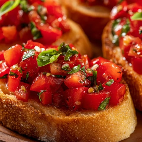 Une assiette de tranches de pain grillé avec une sauce tomate et des herbes.