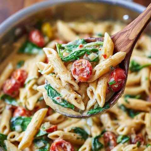 Une image de penne avec des légumes verts et des tomates.