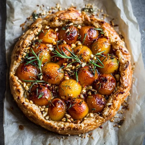 Une tarte aux fruits et épices, avec des tomates, des raisins, des noix et des herbes, est servie sur un papier.