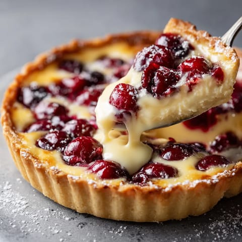 Une tartine de crème et cerises est servie sur un plateau.