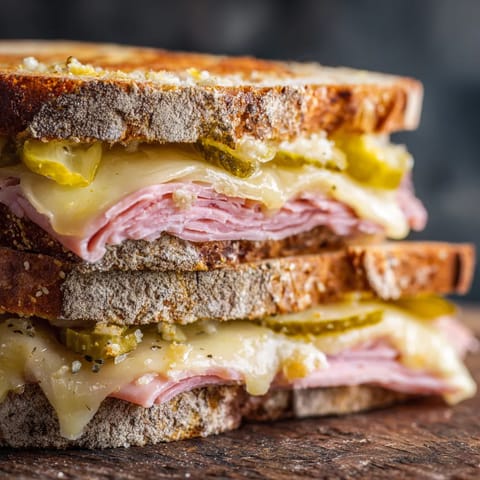 Un sandwich de ham et de fromage sur une table.