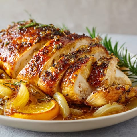 Une pièce de poulet grillé avec des herbes et des légumes sur un plateau.