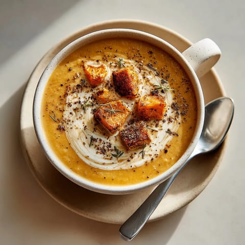 Une tasse de soupe avec des morceaux de carottes et des herbes.