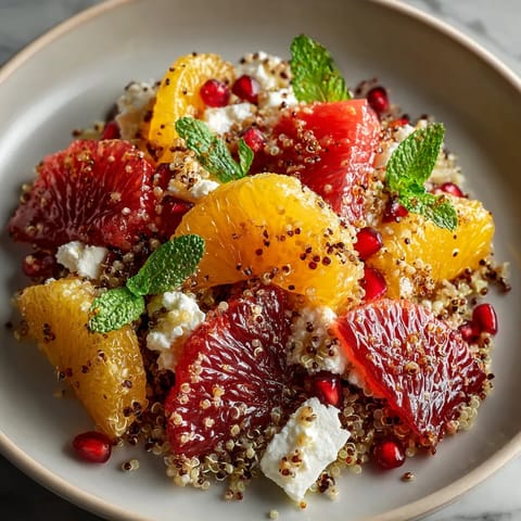 Une assiette de fruits et de graines, avec des oranges, des pomegranates, des raisins, des amandes et du quinoa.
