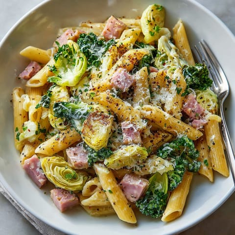 A bowl of pasta with meat and vegetables.