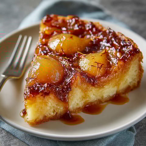 A slice of cake with apples and caramel.