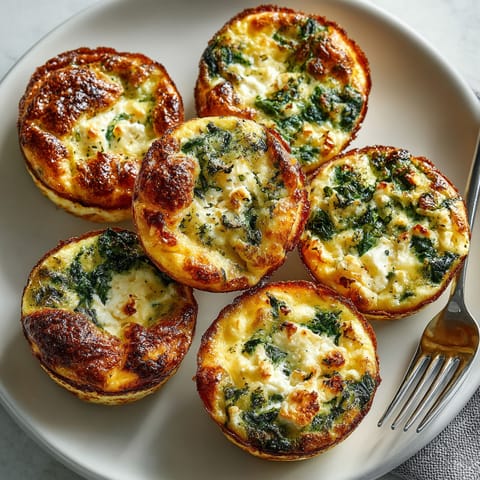 A plate of four small, baked, green vegetable quiches.