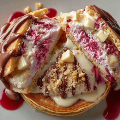 A close up of a dessert with a chocolate sauce and a piece of cake.