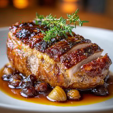 A piece of meat with herbs on top.