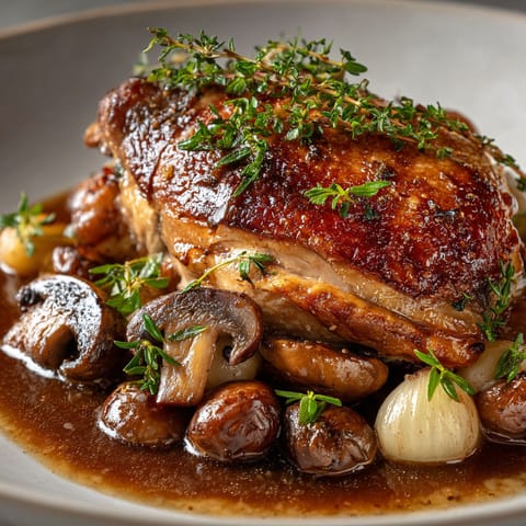A plate of food with a chicken breast and mushrooms.