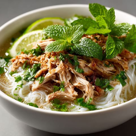 A bowl of soup with meat and mints.