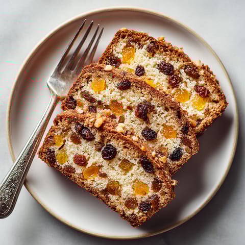 A slice of cake with raisins and nuts.