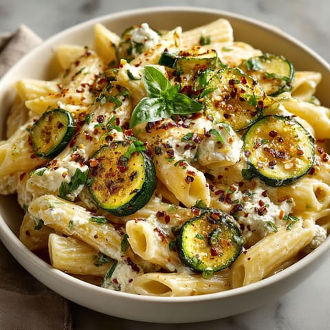 A bowl of pasta with zucchini and ricotta.