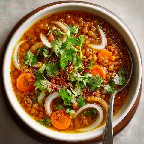 A bowl of soup with carrots and onions.