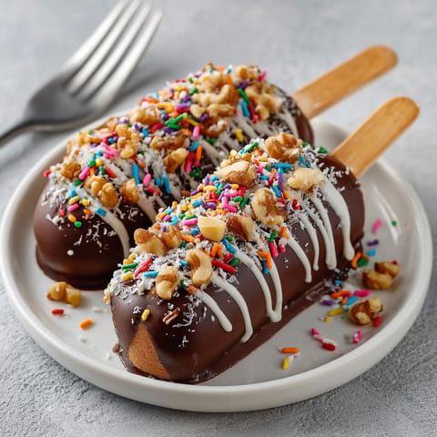 Two chocolate covered bananas with nuts.