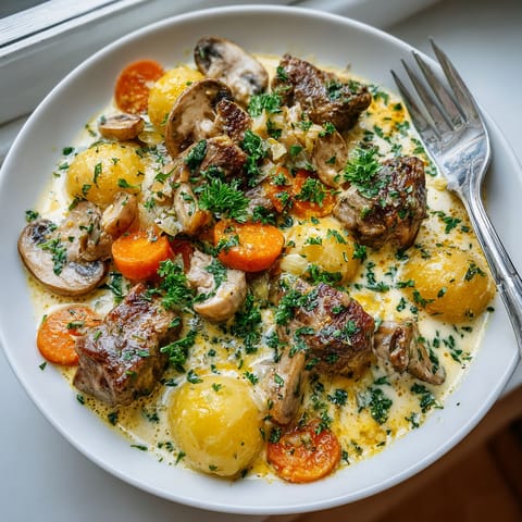 A plate of food with mushrooms, carrots, and meat.