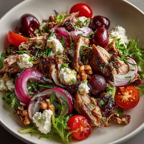 A gourmet salad with chicken, tomatoes, onions, and cranberries.