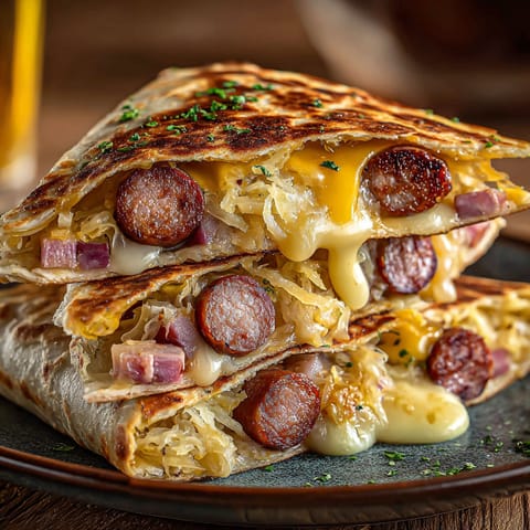 A plate of food with a sausage and cheese sandwich.