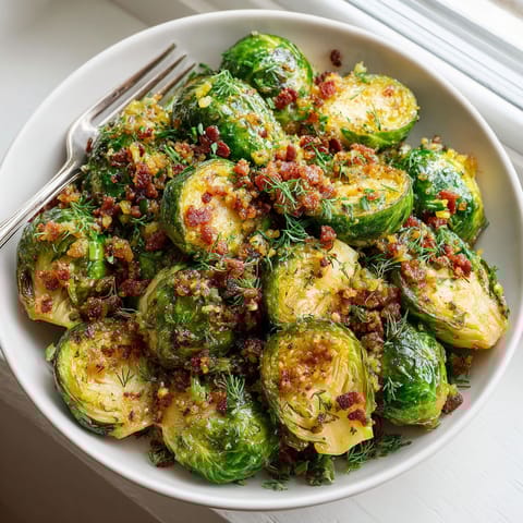 A plate of roasted Brussels sprouts with bacon crumbles.