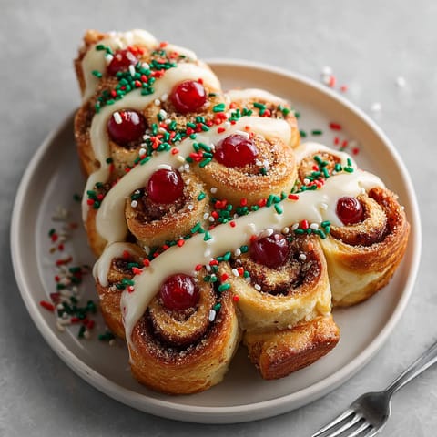 A plate of cinnamon rolls shaped like a christmas tree.