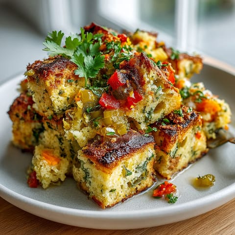 A plate of food with a cornbread base and pickle de gallo stuffing.