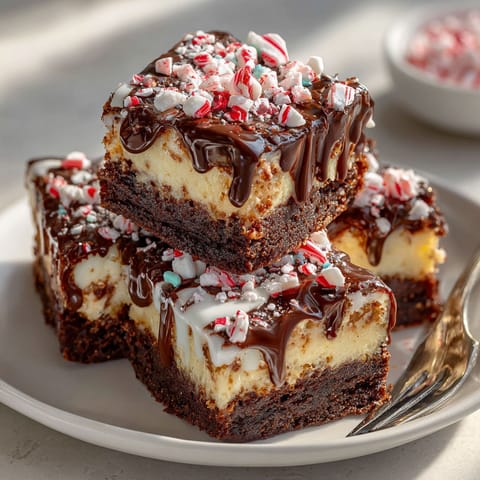A stack of brownies with chocolate and peppermint toppings.