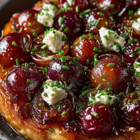 A close up of a Tarte Tatin with pickles and goat cheese.