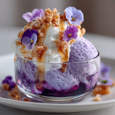 A bowl of ice cream with purple and white toppings.