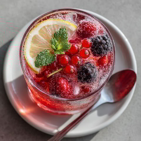 A glass of red berry lemonade with a spoon in it.
