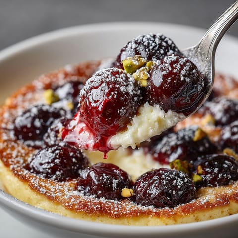 A bowl of black cherry clafoutis with caramelized pistachios.