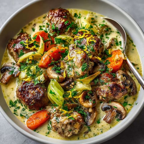 A bowl of food with meat and mushrooms.