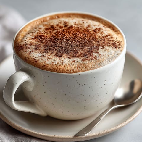 A cup of chai latte with a spoon in it.