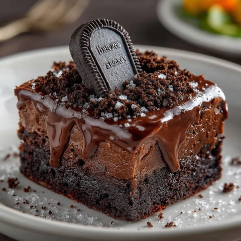 A piece of chocolate cake with a cookie on top.