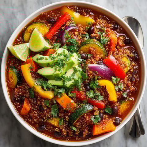A bowl of chili sin carne sorcière with black beans and quinoa.