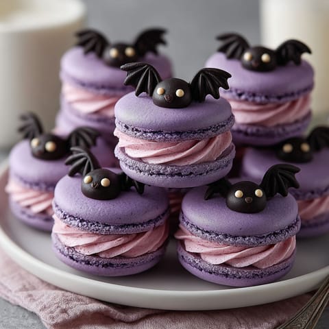 A plate of cupcakes with bats on top.