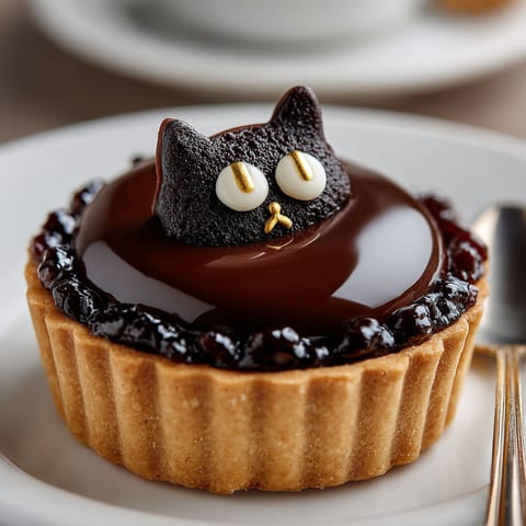 A chocolate dessert with a cat face on top.