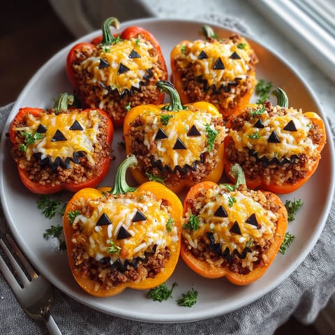 A plate of food with a pumpkin face on it.