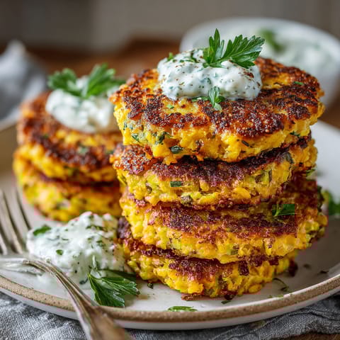A stack of three pancakes with white sauce on top.