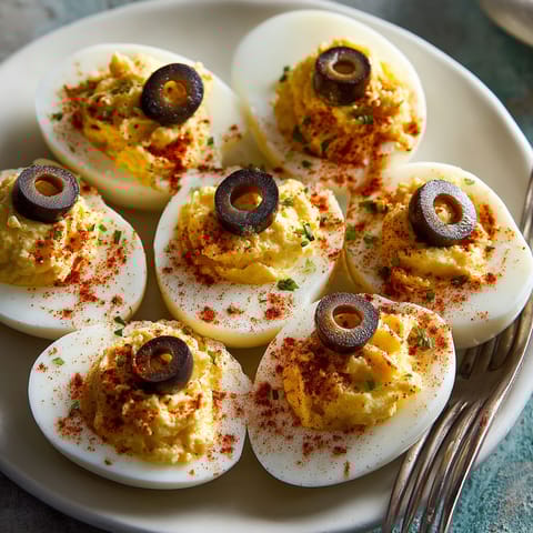 Spooky deviled eggs with paprika dust.