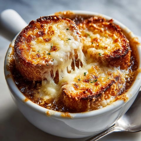 Soupe à l'oignon gratinée maison parfumée : un classique français chaud, prêt à être savouré.