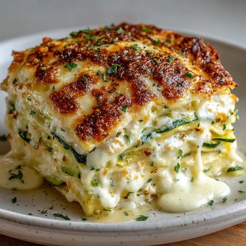 Lasagnes aux courgettes et feta, dorées et gratinées, parfaites pour un dîner convivial facile.