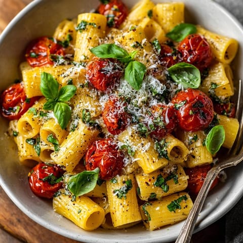 Savourez cette one pot pasta au citron et tomates-cerises, éclatante de saveurs méditerranéennes.