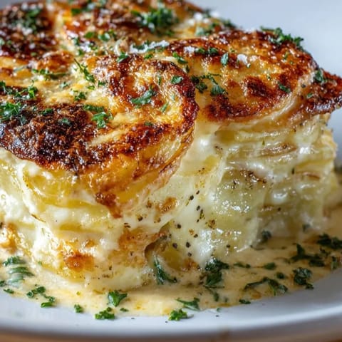 Gros plan sur un gratin dauphinois léger et crémeux recouvert de gruyère fondu et doré sur des tranches de pommes de terre.