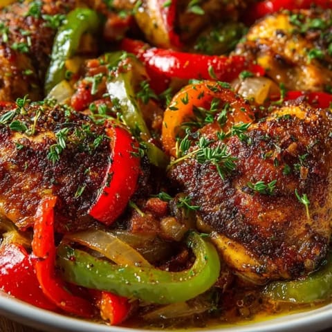 Poulet basquaise facile : Poulet dans une poêle en fonte avec des légumes colorés.